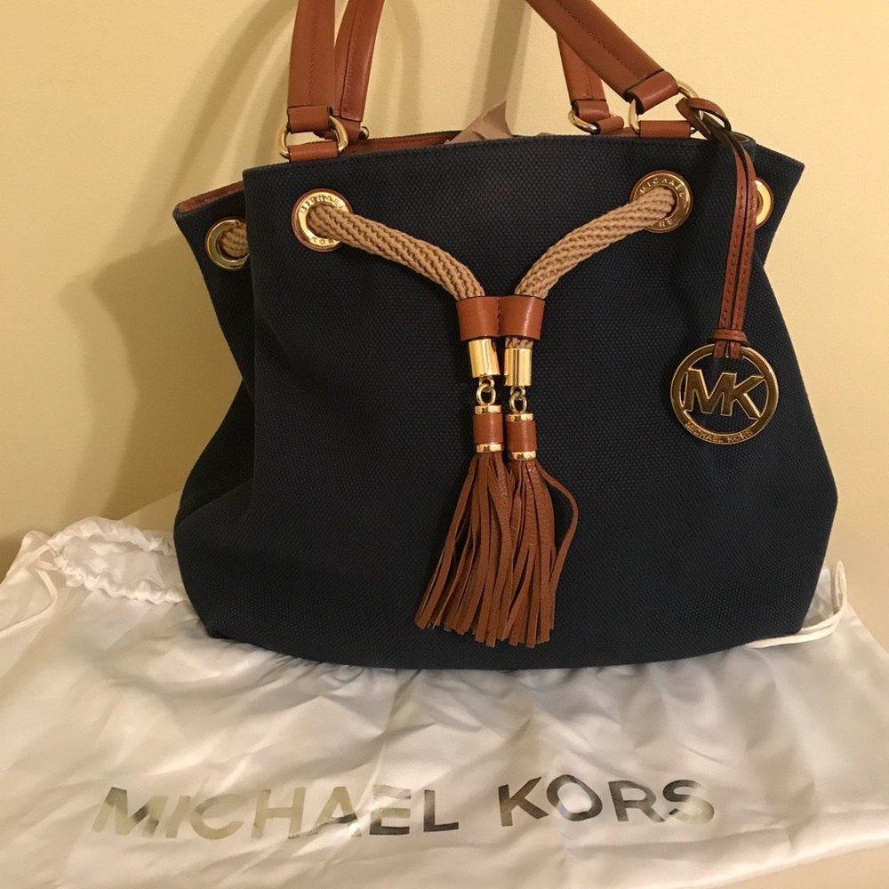 Michael Kors Blue and Tan Shoulder Bag with Gold Hardware